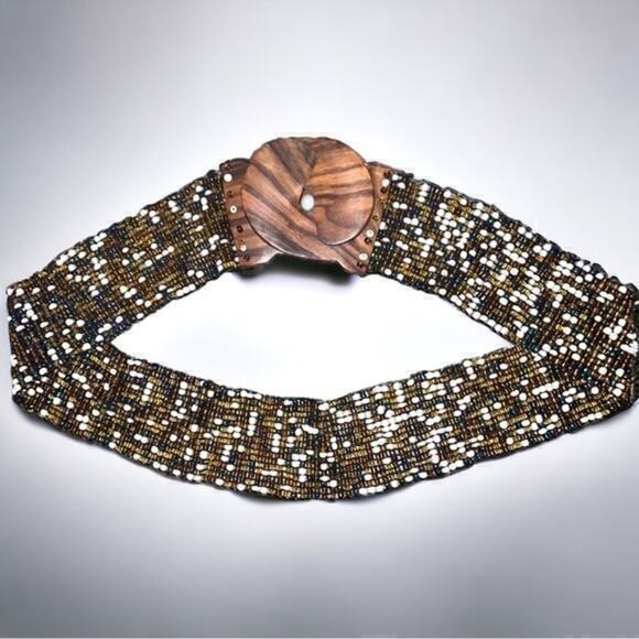 Vintage Hand Made Beaded Boho Belt With Wooden Hook Buckles, MCM - Picture 1 of 11